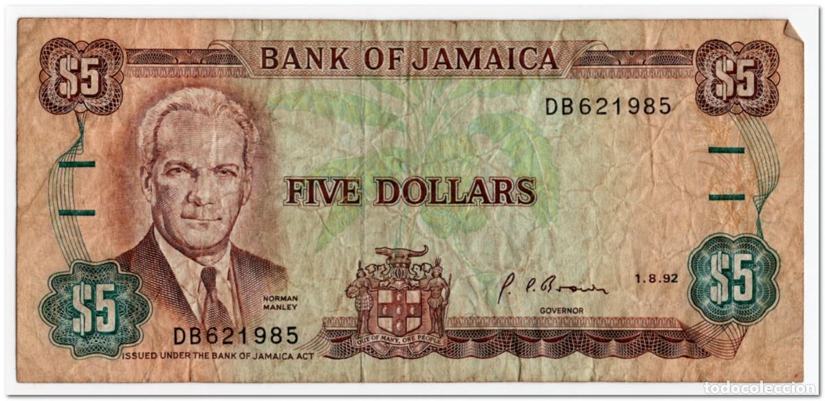 Billetes extranjeros: JAMAICA,5 DOLLARS,1992,P.70d,CIRCULATED