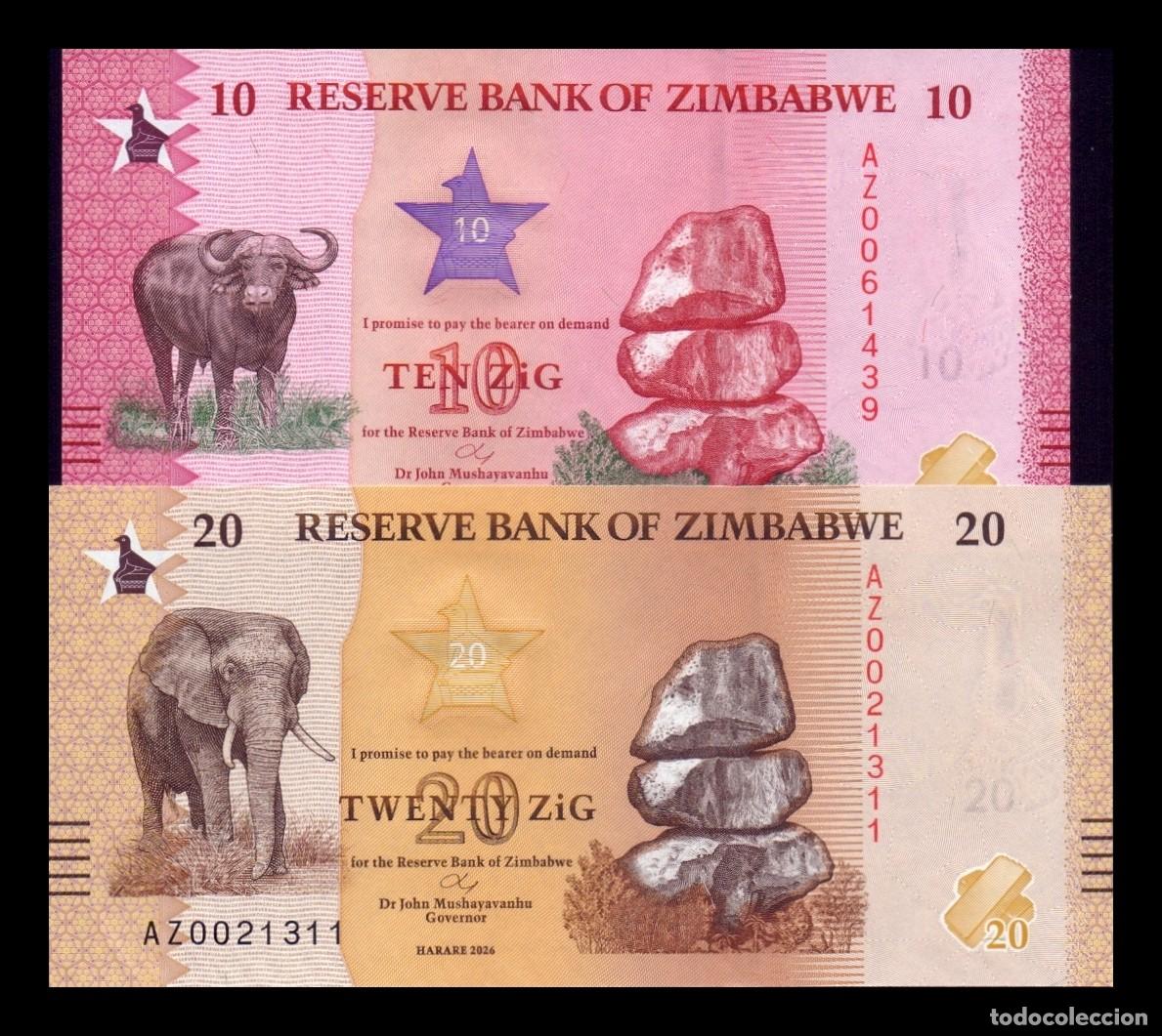 Billetes extranjeros: Zimbabwe Set 2 billetes 10 20 Zig 2026 Pick 115 116 Nuevo Reposici&oacute;n AZ Sc Unc
