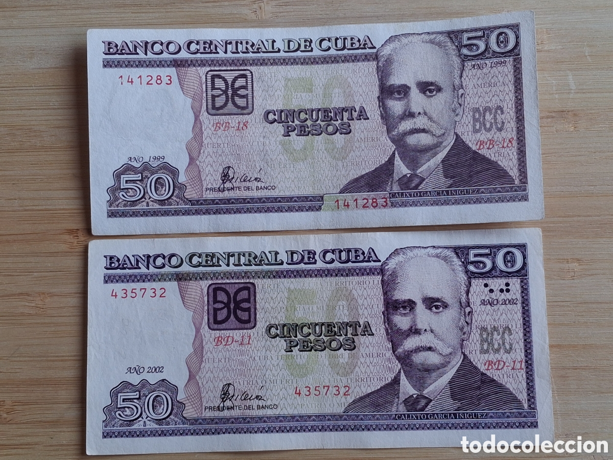 Billetes extranjeros: Billetes Cuba 50 Pesos 1999 y 2002, MBC