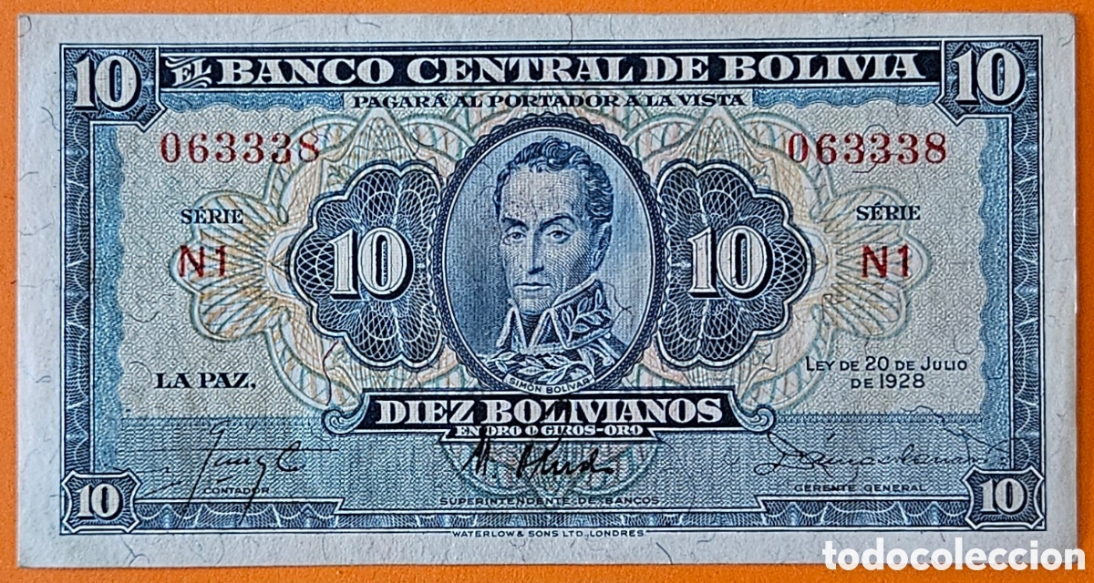 Billetes extranjeros: BOLIVIA, 10 BOLIVIANOS, 1928.