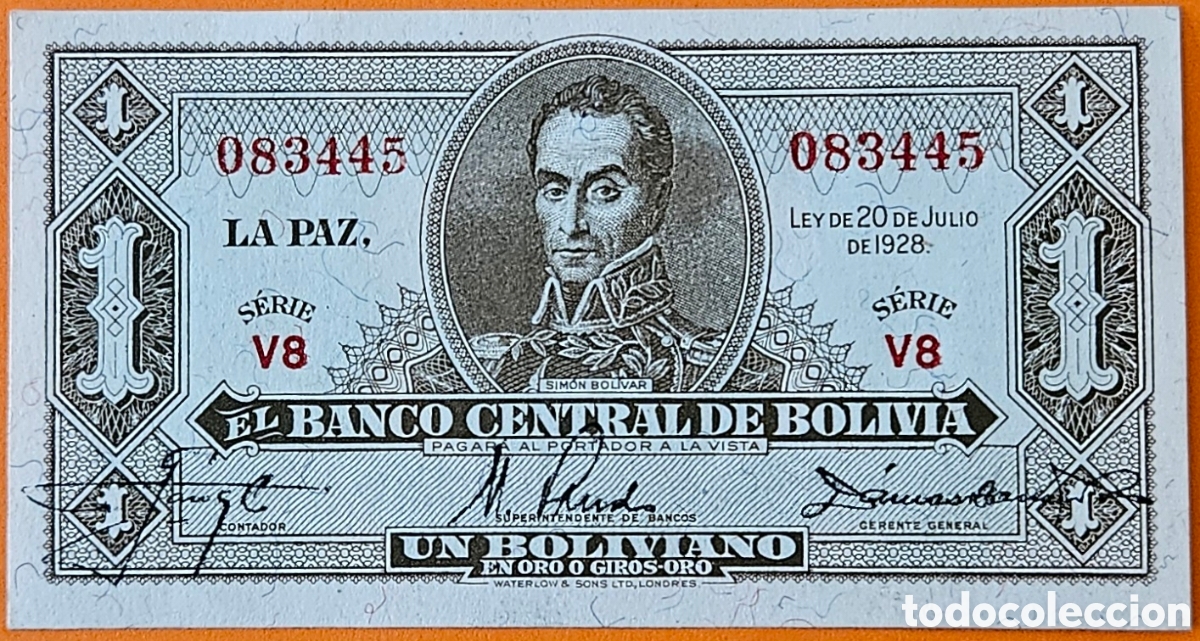 Billetes extranjeros: BOLIVIA, UN BOLIVIANO, 1928.