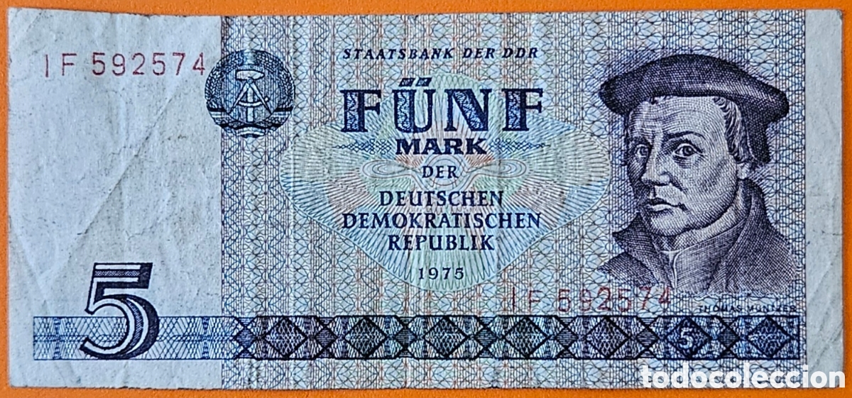 Billetes extranjeros: ALEMANIA ORIENTAL, 5 MARCOS, 1975.