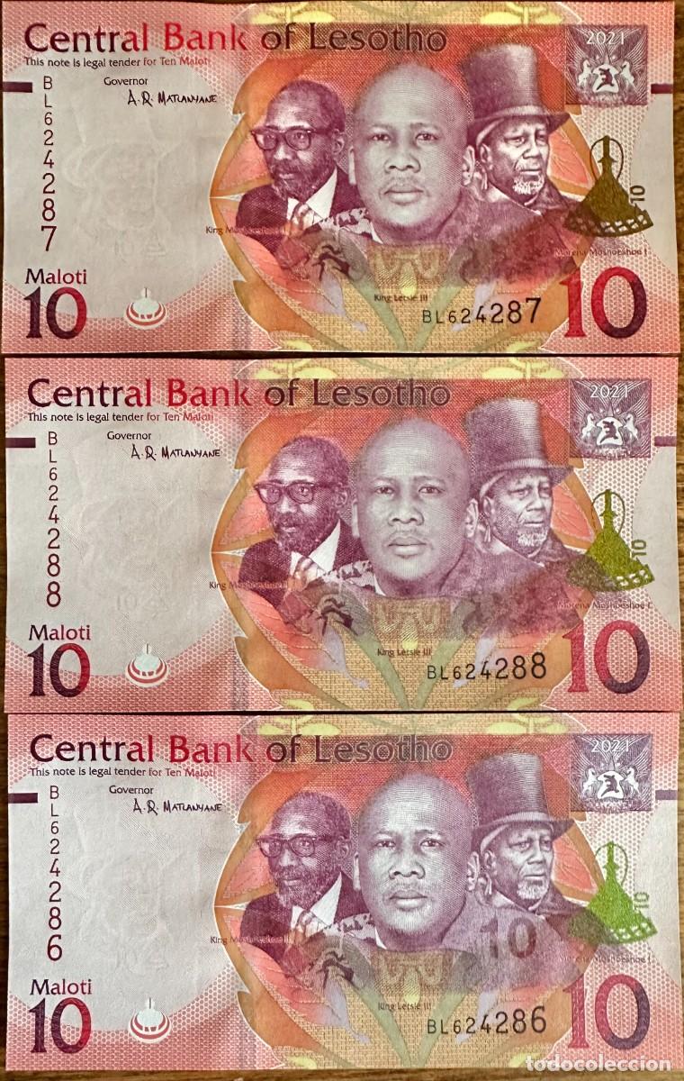 Billetes extranjeros: Lote de 3 Billetes Consecutivos de 10 Maloti de Lesoto 2021 Pick# W26 UNC
