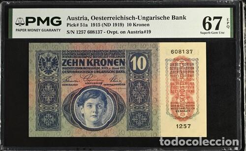 Billetes extranjeros: AUSTRIA * BILLETE 10 KRONEN 1915 * PMG-67 EPQ (IC-1796)