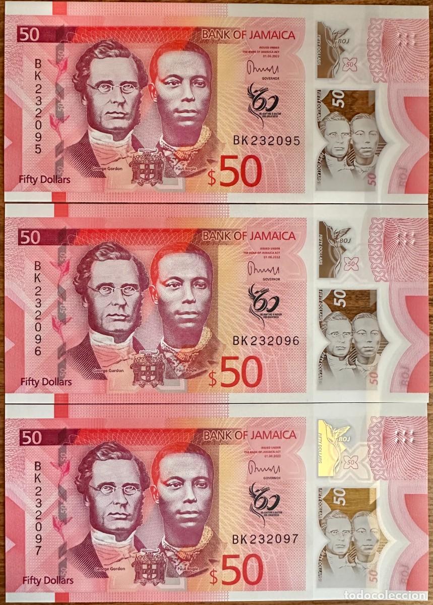 Billetes extranjeros: Lote de 3 Billetes Consecutivos de 50 Dollars de Jamaica 2022 Pick# New UNC Pol&iacute;mero