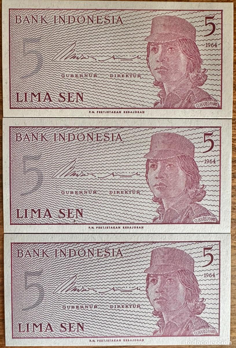 Billetes extranjeros: Lote de 3 Billetes Consecutivos de Indonesia &ndash; 5 Lima Sen 1964 Pick# 91 UNC
