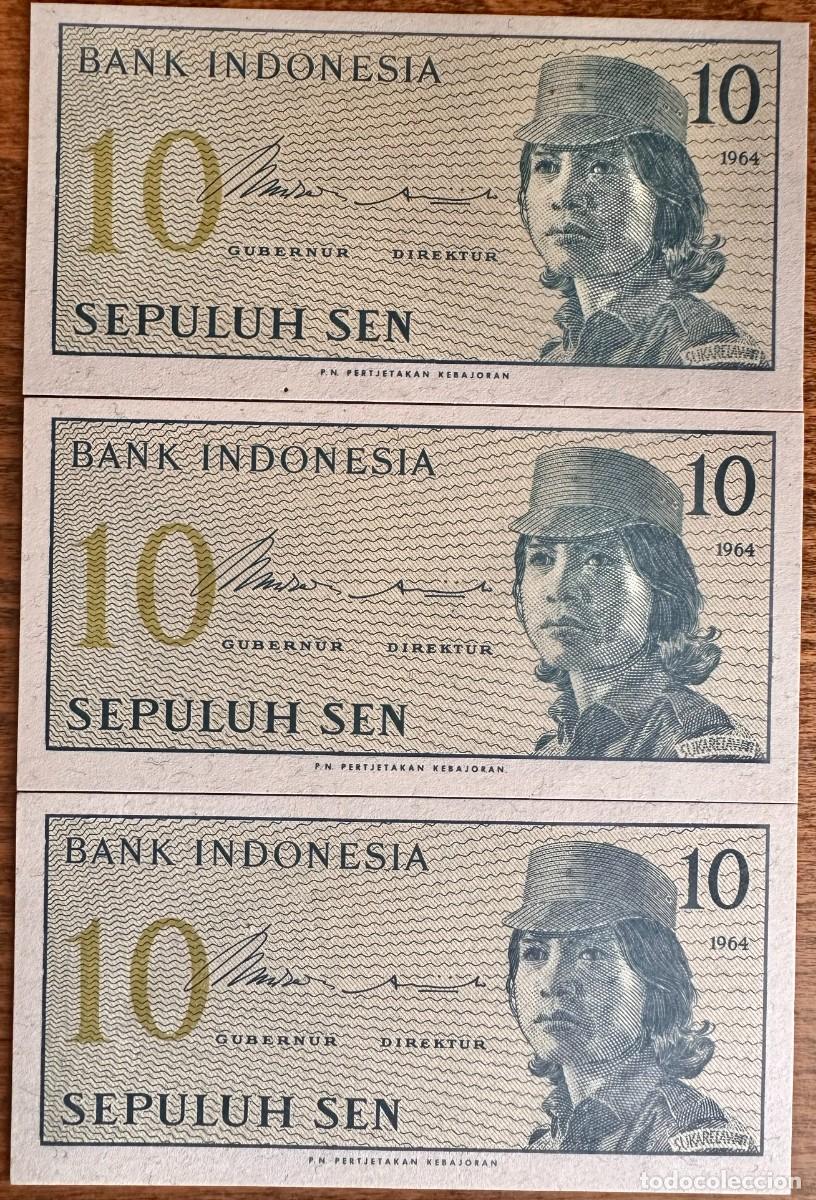 Billetes extranjeros: Lote de 3 Billetes Consecutivos de Indonesia &ndash; 10 Sepuluh Sen 1964 Pick# 92 UNC