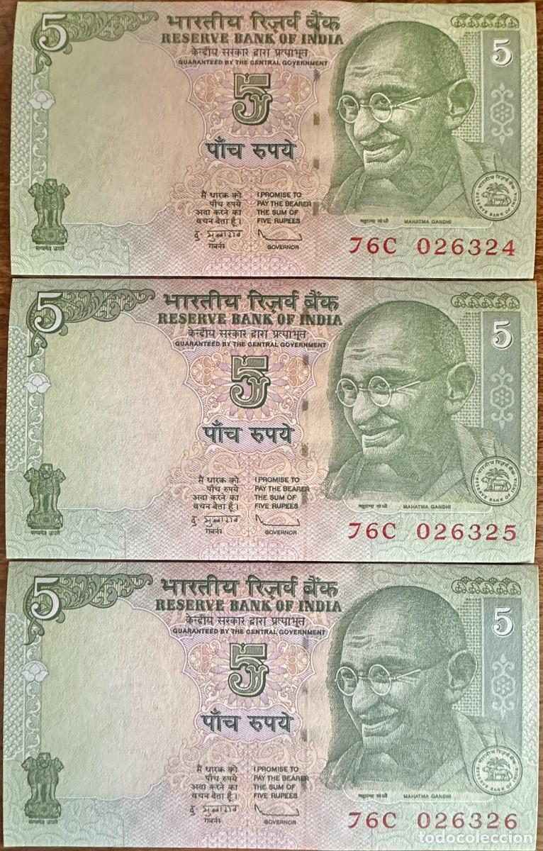 Billetes extranjeros: Lote de 3 Billetes Consecutivos de India &ndash; 5 Rupias 2010 Pick# 94ac UNC