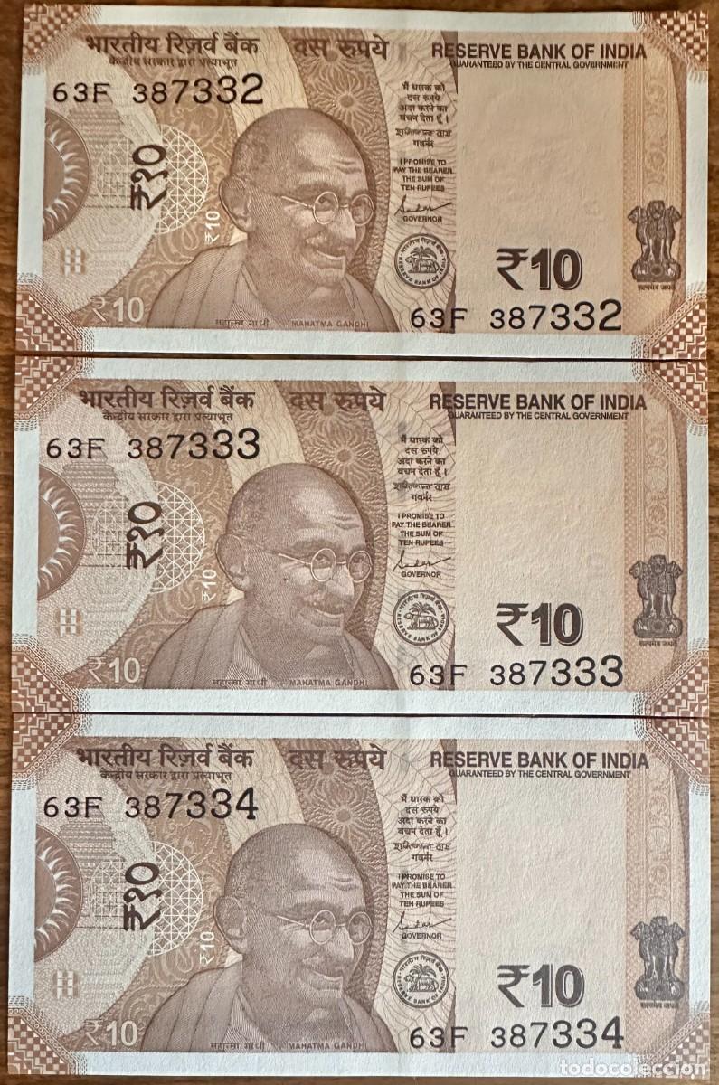 Billetes extranjeros: Lote de 3 Billetes Consecutivos de India &ndash; 10 Rupias 2024 Pick# 109 UNC