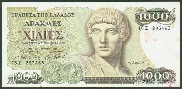 Notas Internacionais: GRECIA. 1000 drachmaes 1987. Pick 202. Apolo.