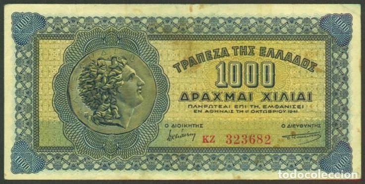 Billetes extranjeros: GRECIA. Ocupacion italo - germana II G.M. 1000 drachmai 1941. Pick 117. Moneda con cabeza de A.Magno