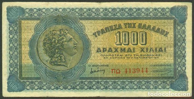 Billetes extranjeros: GRECIA. Ocupacion italo - germana II G.M. 1000 drachmai 1941. Pick 117. Moneda con cabeza de A.Magno