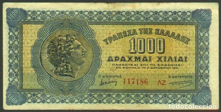 Billetes extranjeros: GRECIA. Ocupacion italo - germana II G.M. 1000 drachmai 1941. Pick 117. Moneda con cabeza de A.Magno