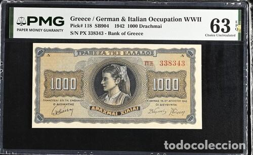 Billetes extranjeros: GRECIA * BILLETE 1000 DRACHMAI 1942 * PMG-63 EPQ (IC-1828)