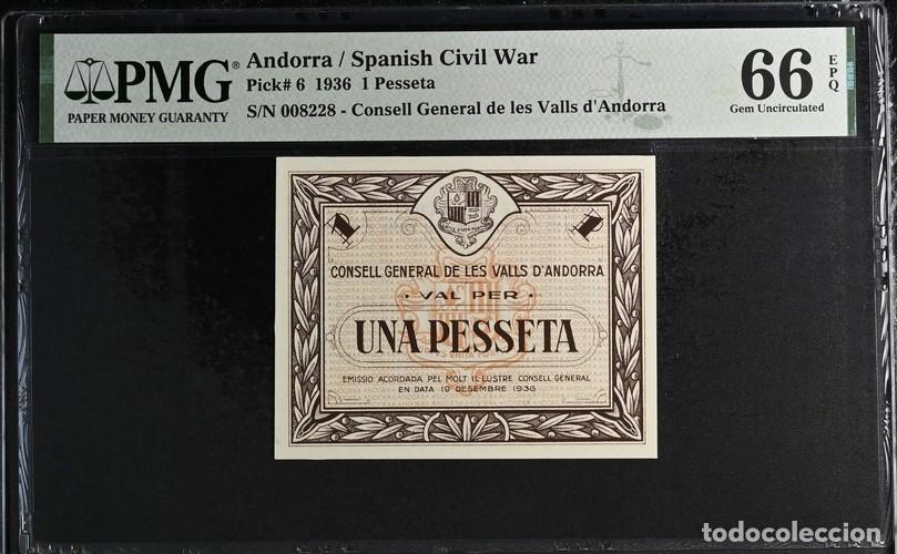 Billetes extranjeros: ANDORRA * BILLETE 1 PESSETA 1936 * PMG-66 EPQ (IC-1830)