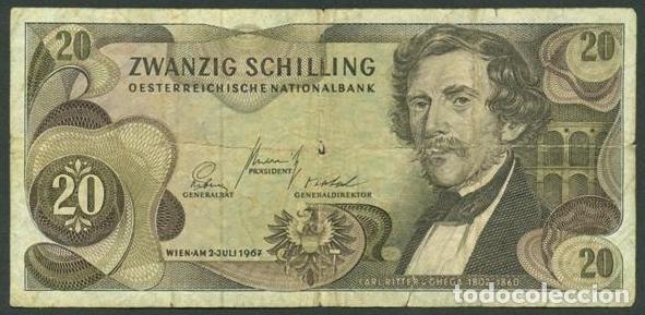 Billetes extranjeros: AUSTRIA. 20 shillings 2.7. 1967 (1968). Pick 142. Famoso puente de Semmering(986 m) en el dorso