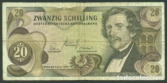 Billetes extranjeros: AUSTRIA. 20 shillings 2.7. 1967 (1968). Pick 142. Famoso puente de Semmering(986 m) en el dorso
