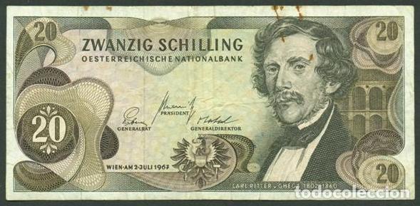 Billetes extranjeros: AUSTRIA. 20 shillings 2.7. 1967 (1968). Pick 142. Famoso puente de Semmering(986 m) en el dorso