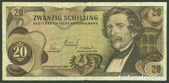 Billetes extranjeros: AUSTRIA. 20 shillings 2.7. 1967 (1968). Pick 142. Famoso puente de Semmering(986 m) en el dorso