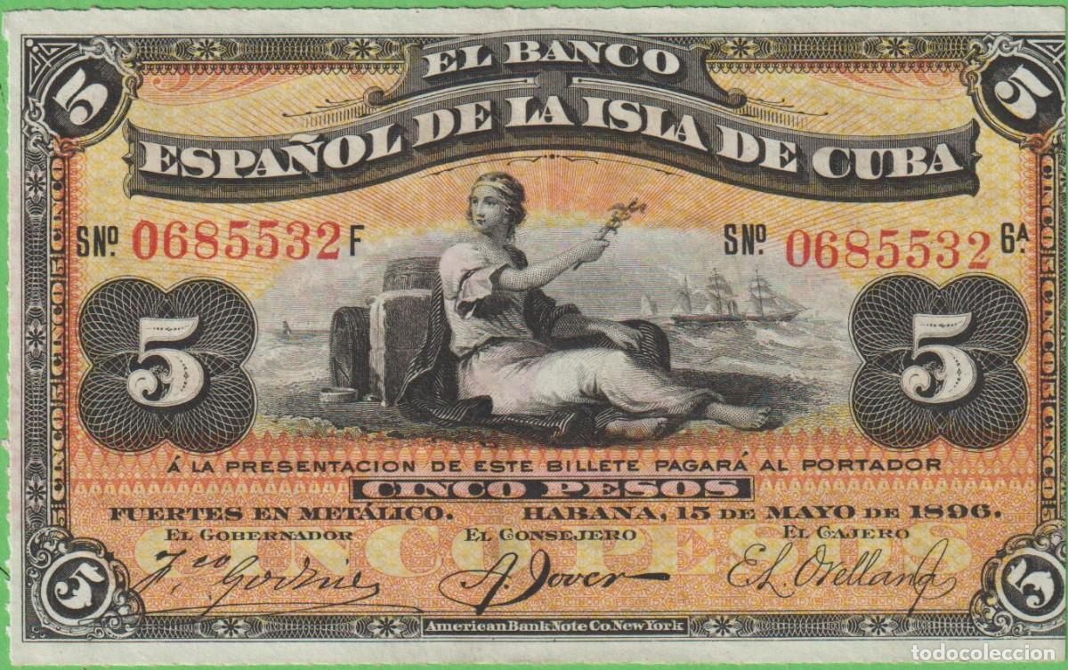 Billetes extranjeros: BILLETES ESPA&Ntilde;OLES - ALFONSO XIII - ISLA DE CUBA - 5 PESOS 1896 (PLATA) - SERIE F - ED-CU71 (EBC)