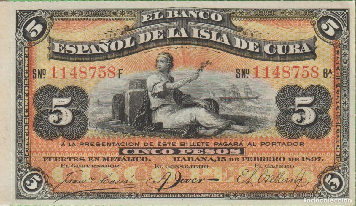 Billetes extranjeros: BILLETES ESPA&Ntilde;OLES - ALFONSO XIII - ISLA DE CUBA - 5 PESOS 1896 (PLATA) - SERIE F - ED-CU69 (SC-)