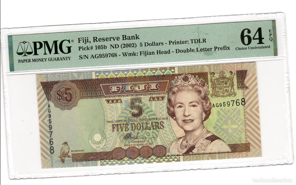 Billetes extranjeros: BILLETE DE ISLAS FIJI 5 DOLLARS 2002 Graduado Por PMG 64 EPQ