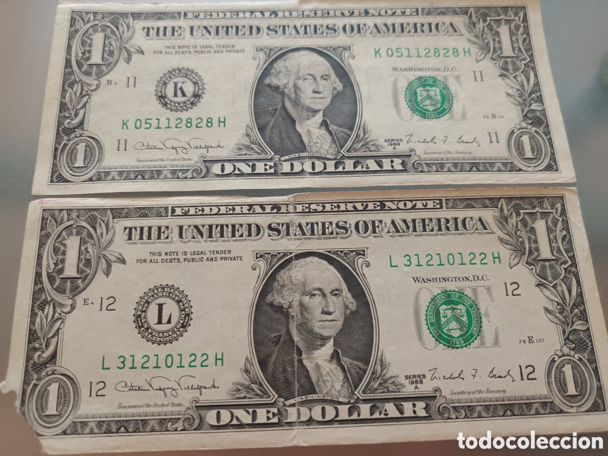Billetes extranjeros: DOS BILLETES DE 1 DOLLAR SERIE A 1988