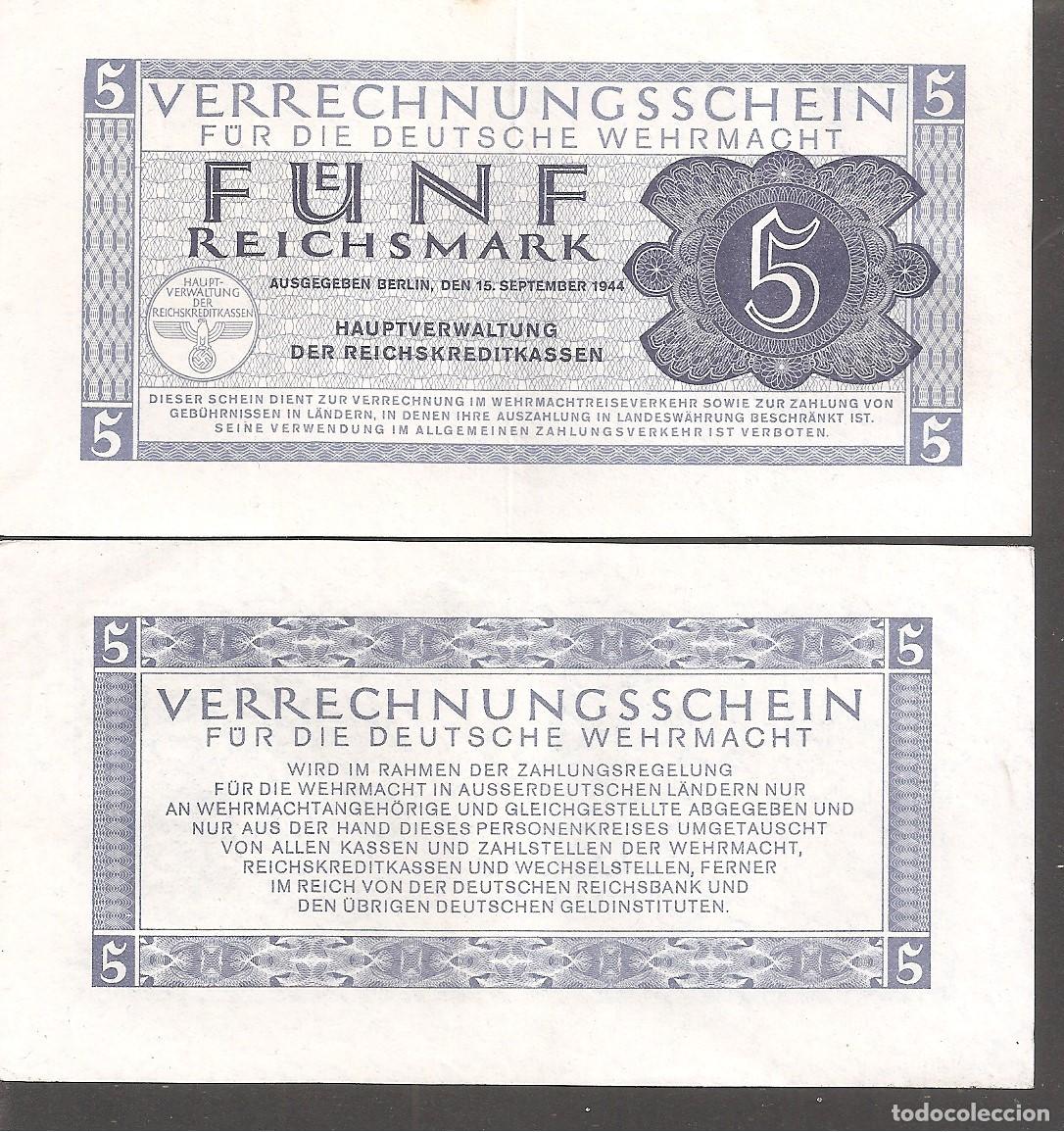 Billetes extranjeros: Billete ALEMANIA NAZI 5 Marcos 1944 . FUERZAS ARMADAS ALEMANAS. Reichsmark.