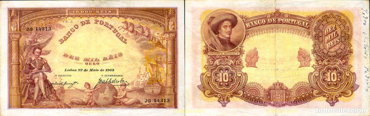 Billetes extranjeros: 630 PORTUGAL 1908 PORTUGAL 10.000 R&Eacute;IS - CHAPA 3 - OURO 1908