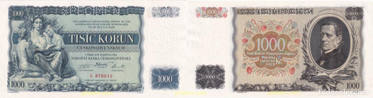 Billetes extranjeros: 1877 CHECOSLOVAQUIA 1934 CZECHOSLOVAKIA 1000 KORUN 1934 SPECIMEN
