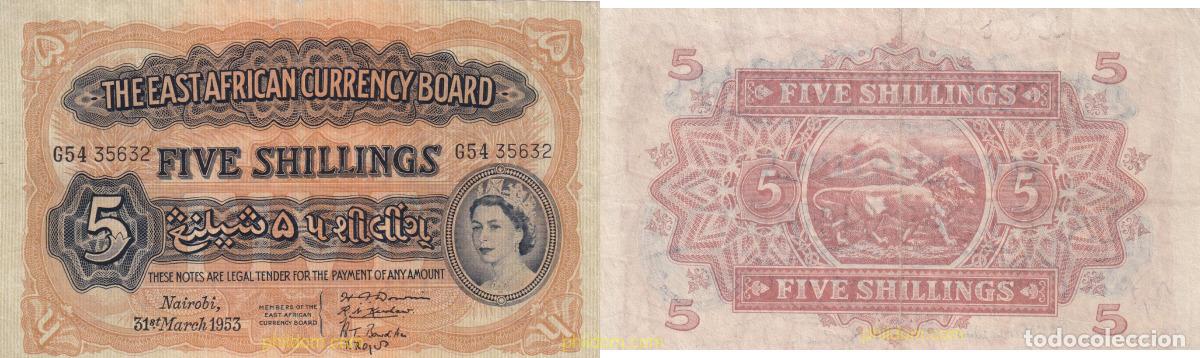 Billetes extranjeros: 2100 AFRICA ORIENTAL BRITANICA Y UGANDA 1953 BRITISH EAST AFRICA BANKNOTE 5 SHILLINGS 1953 QUEEN EL