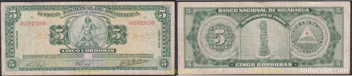 Billetes extranjeros: 2583 NICARAGUA 1958 NICARAGUA 5 CORDOBAS 1958