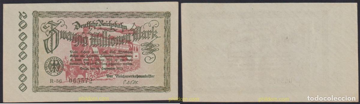 Billetes extranjeros: 3025 ALEMANIA 1923 GERMANY REICHSBAHN Berlin 20000000 Mark 1923 Locomotive