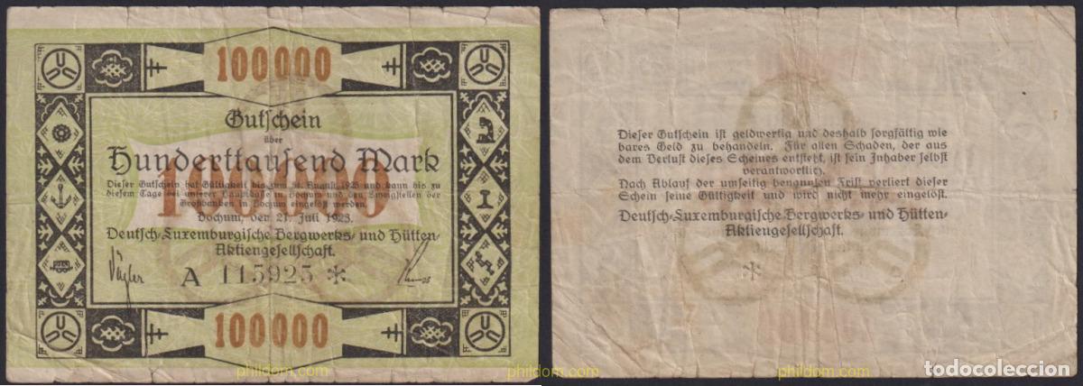 Billetes extranjeros: 3104 ALEMANIA 1923 GERMANY 100000 MARK BOCHUM 1923