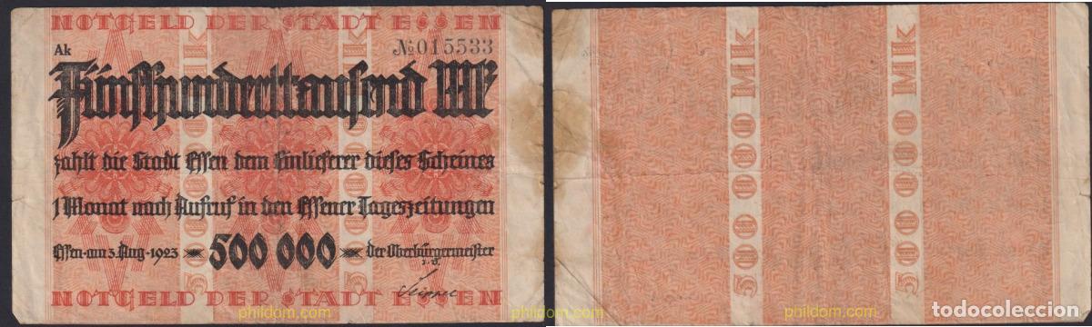 Billetes extranjeros: 3135 ALEMANIA 1923 GERMANY 500000 MARK STADT-ESSEN 1923