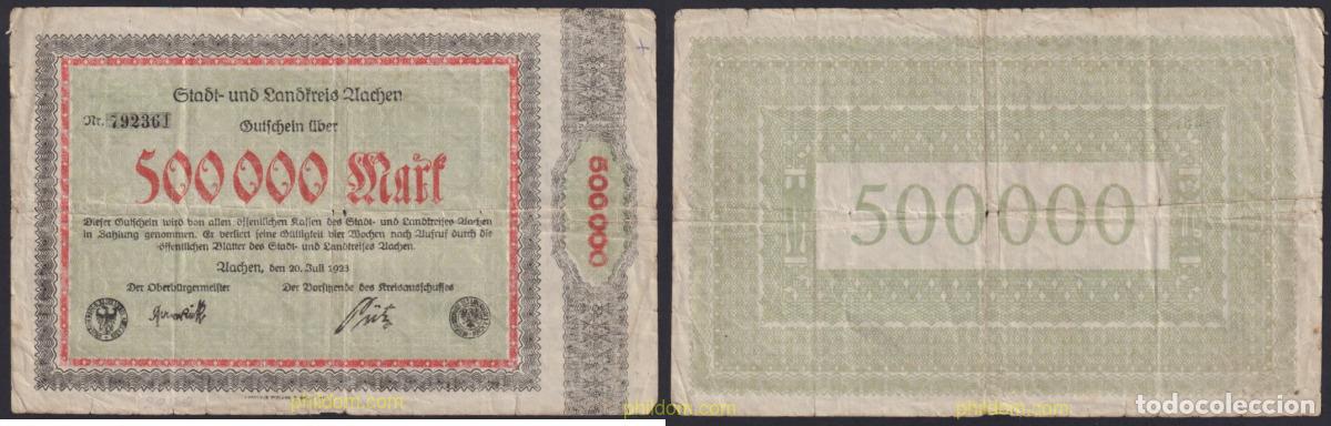 Billetes extranjeros: 3137 ALEMANIA 1923 GERMANY 500000 MARK AACHEN 1923