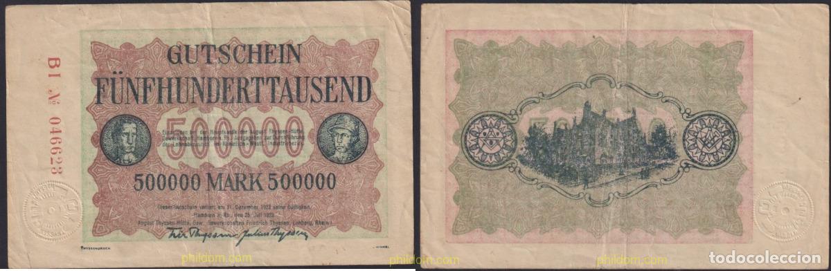 Billetes extranjeros: 3139 ALEMANIA 1923 GERMANY 500000 MARK ALLEMAGNE HAMBORN AM RHEIN 1923