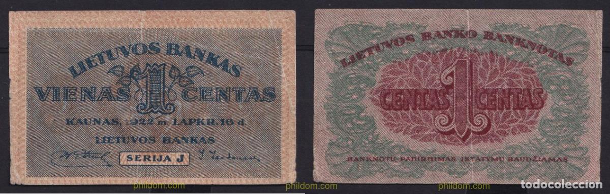 Billetes extranjeros: 3314 LITUANIA 1922 LITHUANIA 1 CENTAS 1922