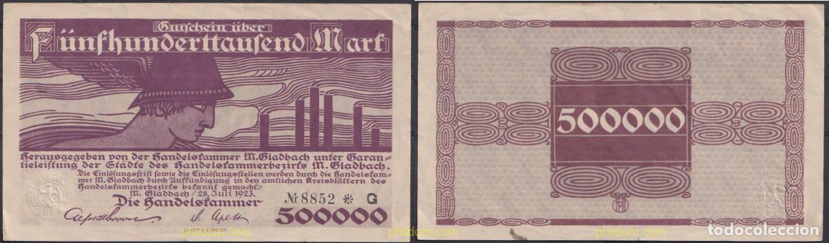 International Banknotes: 3635 ALEMANIA 1923 GERMANY 500000 MARK M. GLADBACH RHEINLAND HANDELSKAMMER 1923