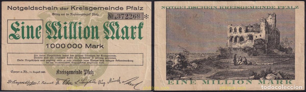 Notas Internacionais: 3652 ALEMANIA 1923 GERMANY 1 1000000 MARK 1923 KREISGEMEINDE PFALZ 3 GEBRAUCHT