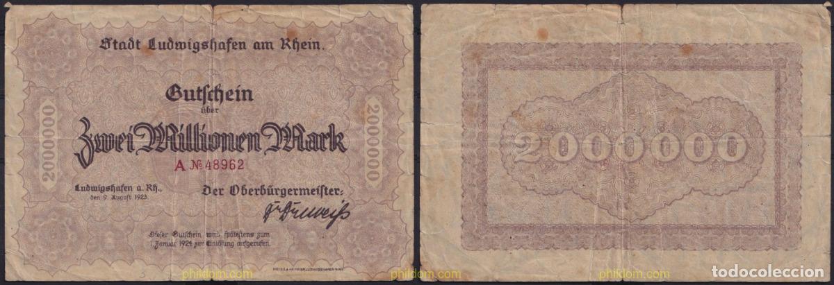Notas Internacionais: 3655 ALEMANIA 1923 GERMANY 2000000 MARK 1923 LUDWIGSHAFEN AM RHEIN