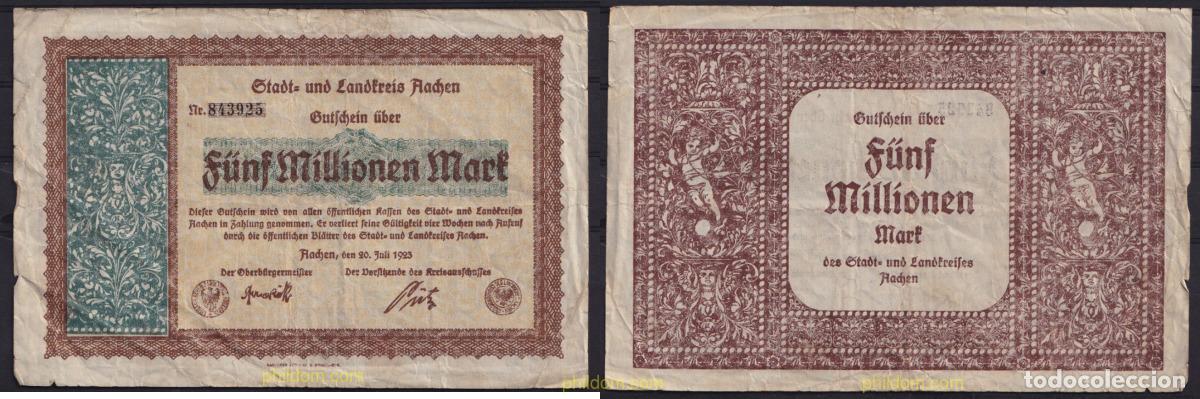Notas Internacionais: 3659 ALEMANIA 1923 GERMANY 5 MILLIONEN MARK AACHEN 1923