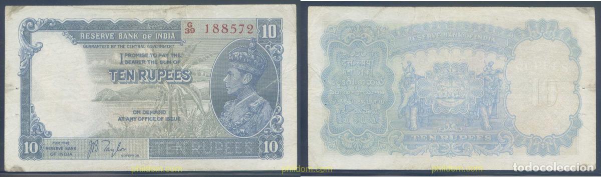 Banconote internazionali: 4590 INDIA 1937 INDIA 10 RUPEE 1937