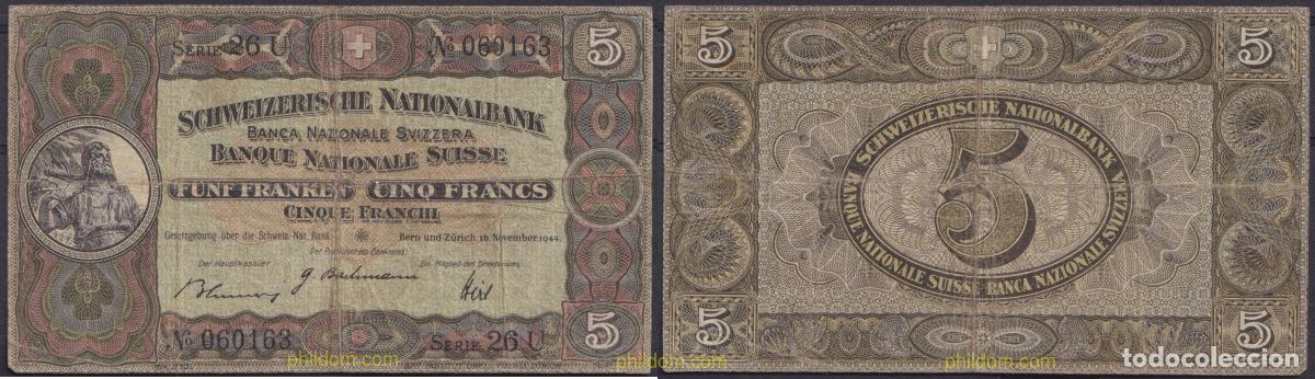 Notas Internacionais: 4867 SUIZA 1944 SWITZERLAND 5 FRANCS 1944