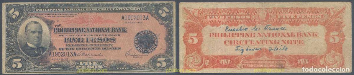 Internationale Banknoten: 5890 FILIPINAS 1916 PHILIPPINES 5 PESOS 1916