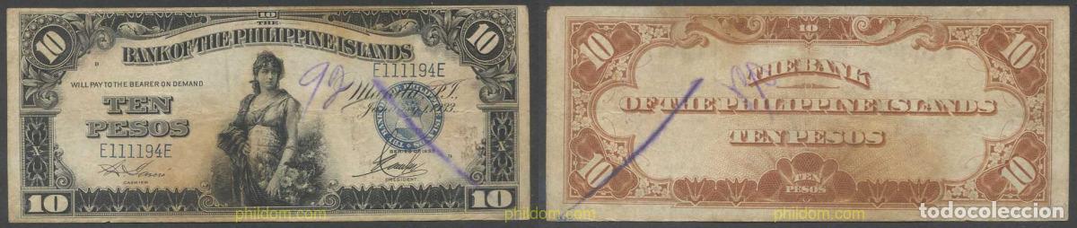 Internationale Banknoten: 5889 FILIPINAS 1933 PHILIPPINES 10 PESOS 1933