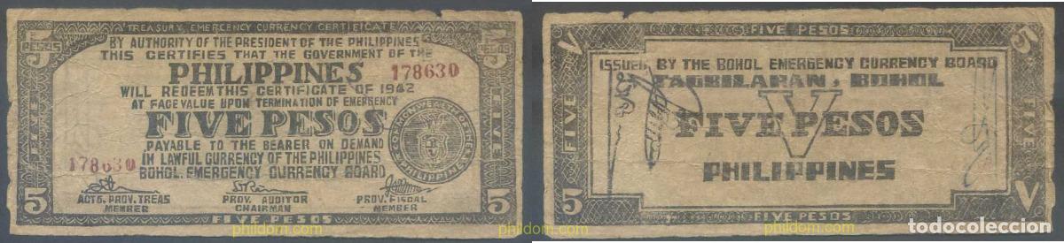 Internationale Banknoten: 5901 FILIPINAS 1942 PHILIPPINES 5 PESOS 1942
