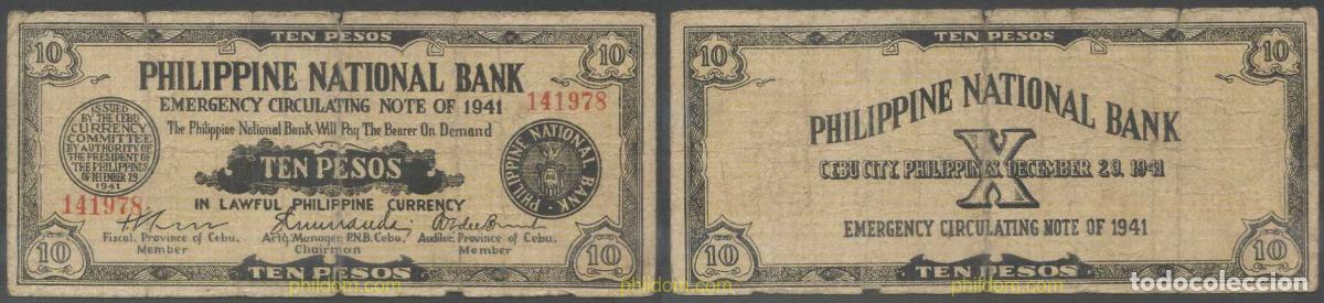Internationale Banknoten: 5908 FILIPINAS 1941 PHILIPPINES 10 PESOS 1941 OCUPACION USA - CEBU