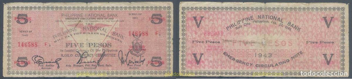 Internationale Banknoten: 5910 FILIPINAS 1943 PHILIPPINES EMERGENCY BANK ILOILO 5 PESOS 1943