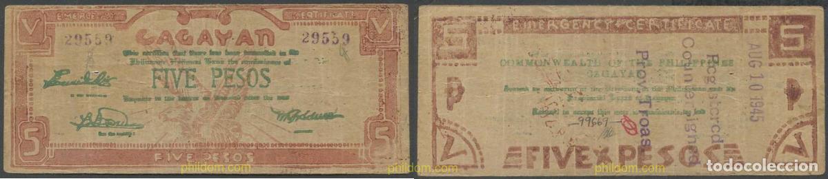 Billetes extranjeros: 5913 FILIPINAS 1944 PHILIPPINES CAGAYAN 5 PESOS 1944